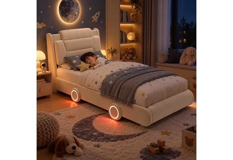 i@home Kinderbett 90 x 200cm Kinder Autobett Polsterbett,Kinderbett,Jugendbett,Cremeweiß, mit höhenverstellbarem Kopfteil, Lichtleiste, Räder-Design, Flanell, Weiß, – Produktbild 4 von 5