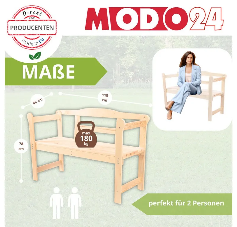Modo24 Gartenbank LG01 Parkbank, Gartenmöbel, Sitzbank, Bank Friesenbank, Holzbank, Zweisitzer, In- & Outdoor, FSC-Holz Massiv 4 Farben Schutzhülle, Braun, – Produktbild 3 von 5