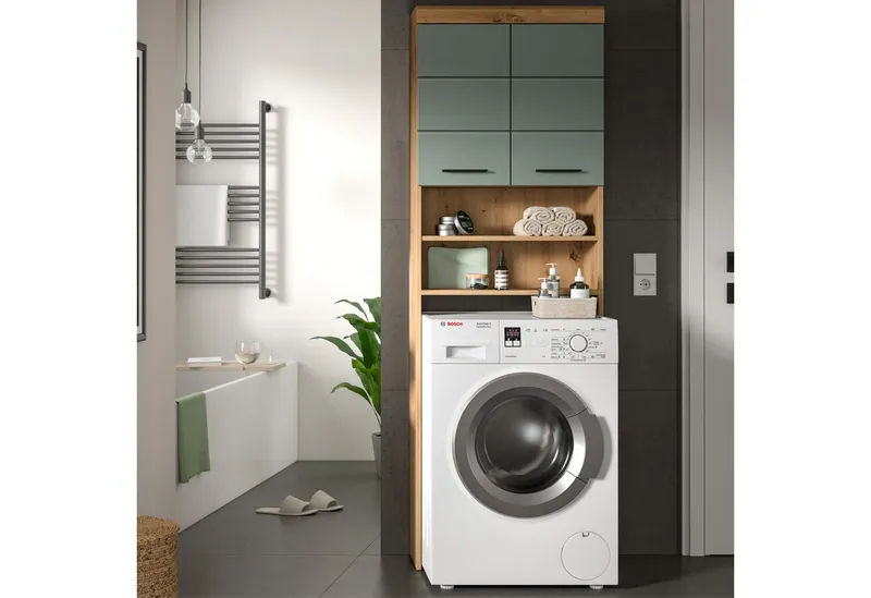furnling Waschmaschinenumbauschrank Scott 2 offene Fächer, 2 Türen, platzsparend, Badmöbel, Badschrank, Umbau, Grün, – Produktbild 2 von 4