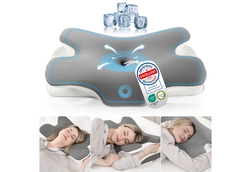 Simloveve Nackenstützkissen kühlendes Kopfkissen,Seitenschläferkissen,Orthopädisches Kissen, Füllung: Memory Foam, Rückenschläfer, Seitenschläfer, Bauchschläfer, Ergonomisches Kopfkissen, Nackenkissen OEKO-TEX® Standard 100 & CertiPUR-US Zertifiziert, Waschbar, Antischnarchkissen, Schmetterlingskissen, Zwei Höhen, Grau, – Produktbild 6 von 7