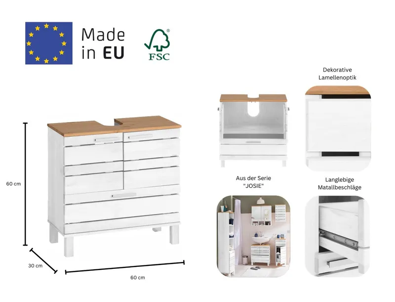 Home affaire Waschbeckenunterschrank JOSIE Breite 60, aus Massivholz, Metallgriffe, 1 Schublade & 2 Türen, Weiß, – Produktbild 3 von 5