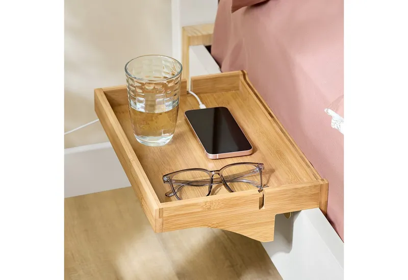 SoBuy Nachttisch NKD01, Klemmregal fürs Bett mit Kabelführung, Bambus, Bettablage mit Kabelführung Regal für Mobiltelefon Fernbedienung, Beige, – Produktbild 1 von 5