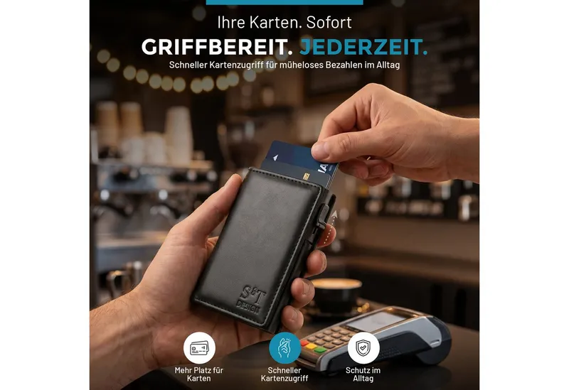 S&T Design Smart-Wallet RFID-Geldbörse Brieftasche Kartenetui Leder mit Münz- und Bargeldfach (14 Karten Kleines Portmonee Schwarz, 1-tlg., mit Sichtfenster, inkl. Geschenkbox und Dankeskarte), RFID Diebstahl Schutz Münzfach Karten-Slider Magnetverschluß 14 Karten, Schwarz, – Produktbild 4 von 5