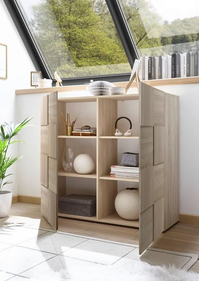 Home affaire Highboard Dama Höhe 111 cm, Breite 121 cm, Kommode 2 Türen, Hochkommode, Front in 3D-Optik, viel Stauraum, verschiedene Farben, Beige, – Produktbild 4 von 5