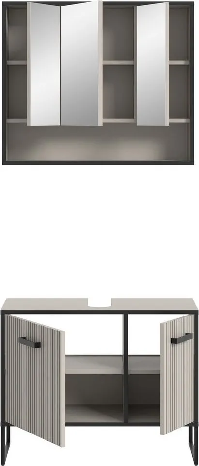welltime Badezimmer-Set LOCRI, 2-tlg. Badkombination, Breite 80 cm, Rillenoptik, Metallkufen, (2-St., bestehend aus: Waschbeckeunterschrank & Spiegelschrank), Bad-Kombination, Bad-Möbel, Badezimmer, Kombination, Kombi, Beige|schwarz, – Produktbild 5 von 5