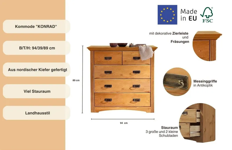 OTTO home Schubkastenkommode Konrad, Kommode, im Landhausstil, rustikal, Breite 94 cm, aus massiver, FSC®-zertifizierter Kiefer, Beige, – Produktbild 1 von 5