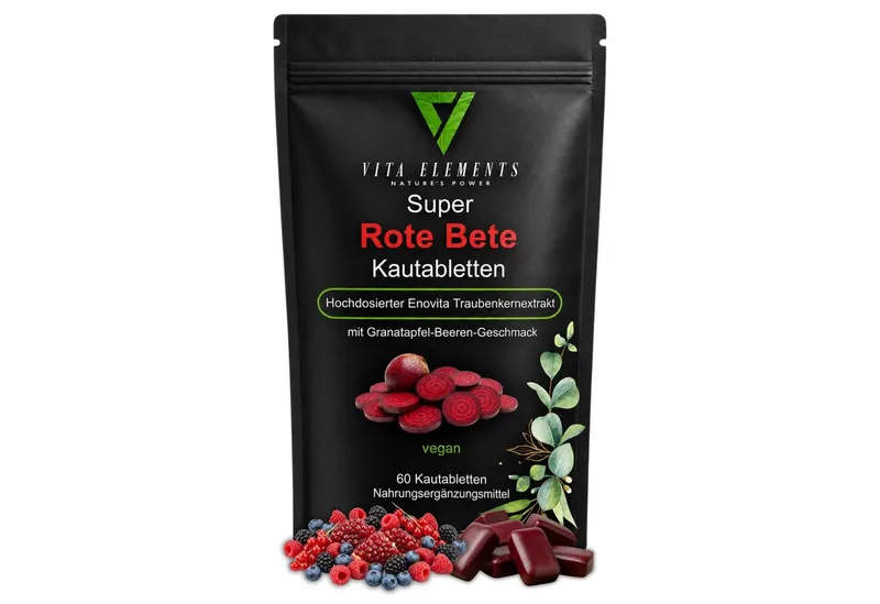 Vita Elements Super Rote Bete Gummies - Mit Enovita Traubenkernextrakt, 60 Kaubonbons, 1 er Packung à 60 St., Granatapfel-Beeren-Geschmack, Vegan, Gentechnikfrei und Laborgeprüft – Produktbild 1 von 5