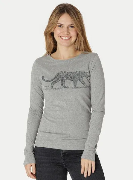 Peaces.bio - handbedruckte Biomode Peaces.bio - handbedruckte Biomode Bio-Damen-Langarmshirt Leopard, Hellgrau, – Produktbild 1 von 2