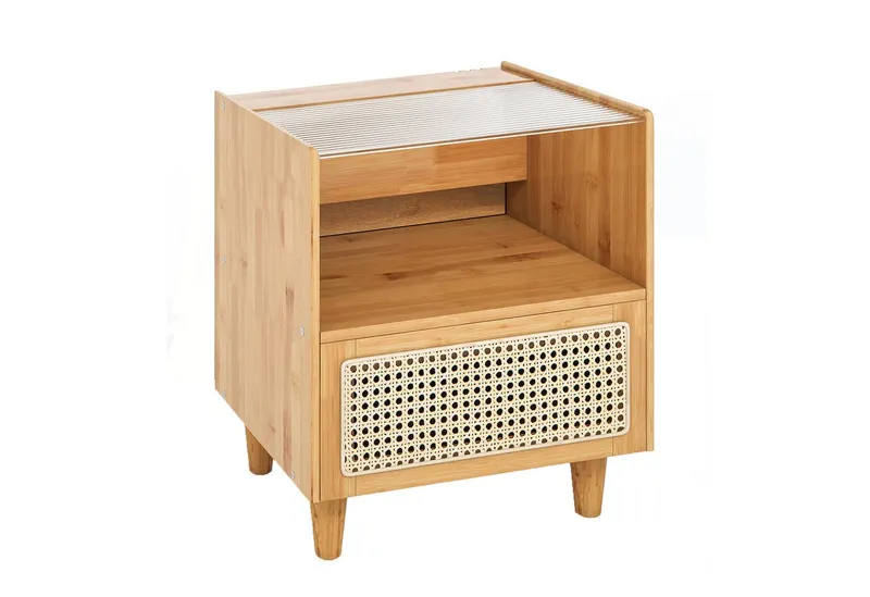 COSTWAY COSTWAY Nachttisch (1-St), Rattan Beistelltisch, mit Glastischplatte, aus Bambus – Produktbild 1 von 5