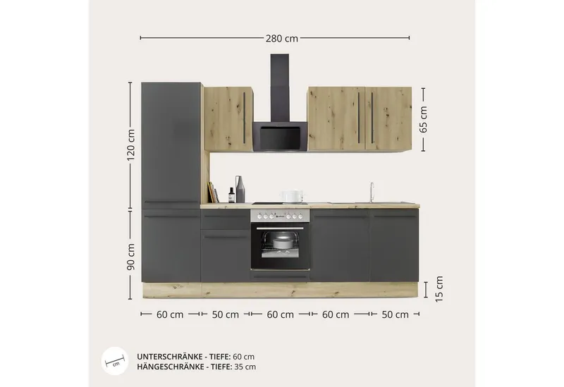KOCHSTATION Küchenzeile KS-Florida mit 38mm starker Arbeitsplatte, Breite 280 cm, wahlweise mit E-Geräten, Soft-Close-Funktion, Schwarz, – Produktbild 5 von 8