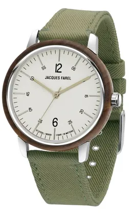 Jacques Farel Quarzuhr ORW1037 Damen Armbanduhr Stahlgehäuse Holzring Lyocellband 3 bar, Analog Grün Dunkelbraun Holzuhr Geschenk Frauen Ø38 mm – Produktbild 1 von 1
