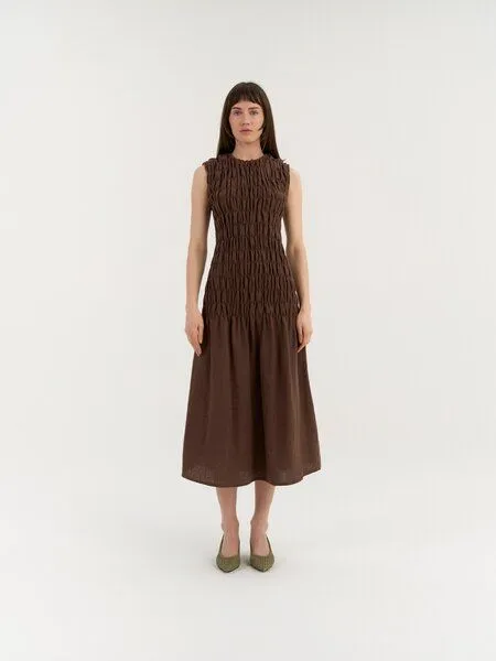AmourLinen AmourLinen Leinenkleid mit Smokeinsatz VALENCIA, Kakao (braun), – Produktbild 1 von 1