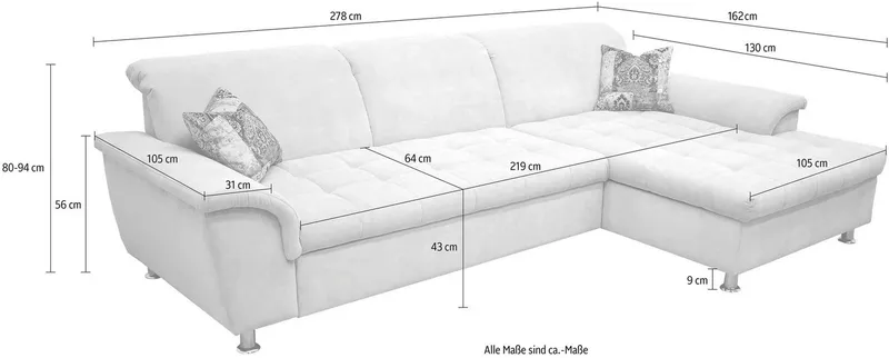 DOMO collection Ecksofa FRANZI 278x162 cm, belastbar bis 140 kg/Sitz, L-Form, bequem, Flachgewebe, graphite. Mit Kopfteilverstellung für Wohlfühlkomfort, Grau, – Produktbild 2 von 3