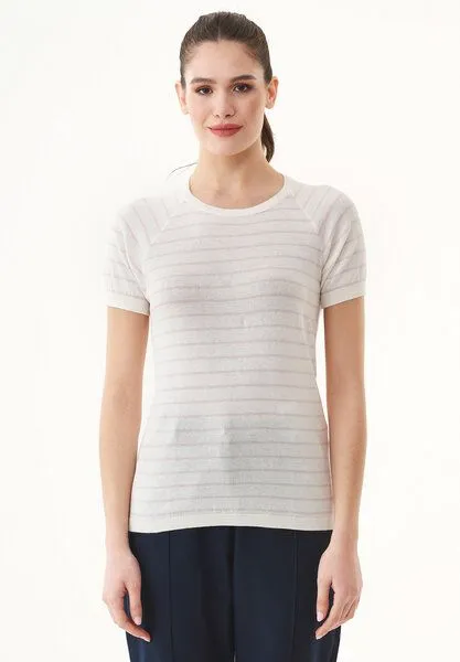 ORGANICATION ORGANICATION Feinstrick-T-Shirt aus Bio-Baumwolle mit Streifen, Off white/soft pink, – Produktbild 1 von 4