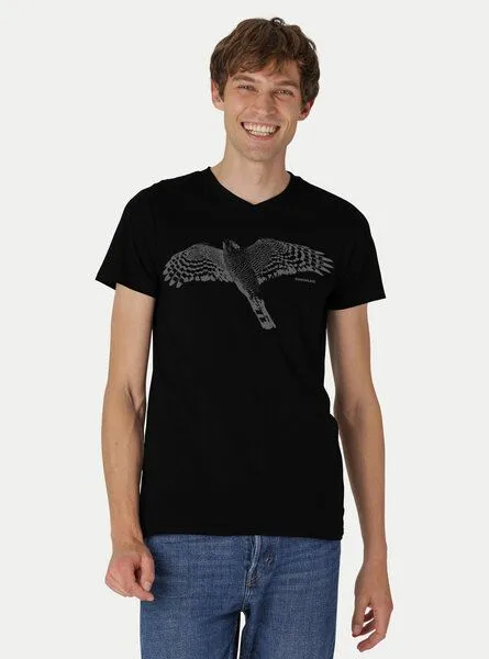 Peaces.bio - handbedruckte Biomode Peaces.bio - handbedruckte Biomode Bio-Herren-T-Shirt V-Neck Sperber, Schwarz, – Produktbild 2 von 2