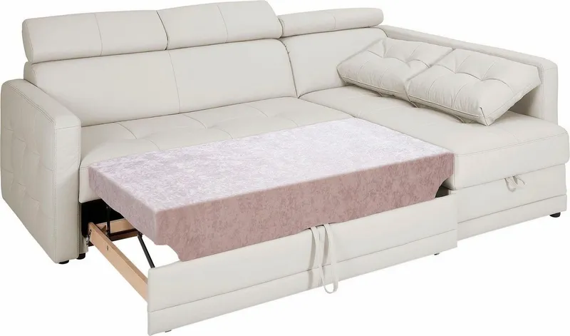 exxpo - sofa fashion Ecksofa Arles, Federkern, zeitlos, Breite 225cm, L-Form, wahlweise mit Bettfunktion und Bettkasten, inkl. Kopfteilverstellung, Weiß, – Produktbild 1 von 4