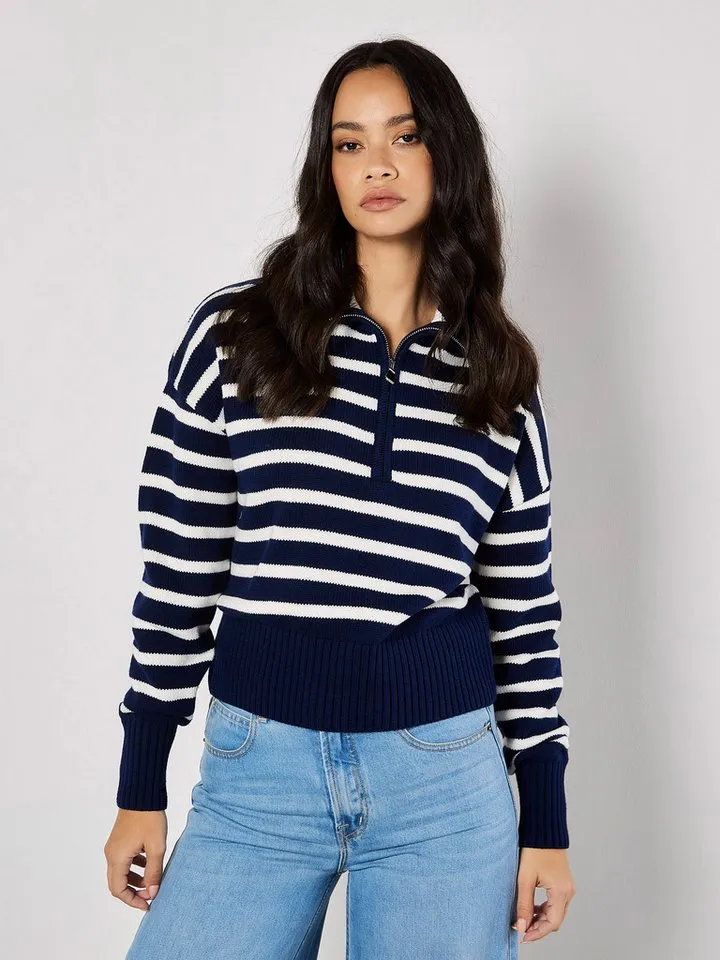 Apricot Apricot Strickpullover Streifen-Pullover mit Reißverschluss, Blau, – Produktbild 1 von 4