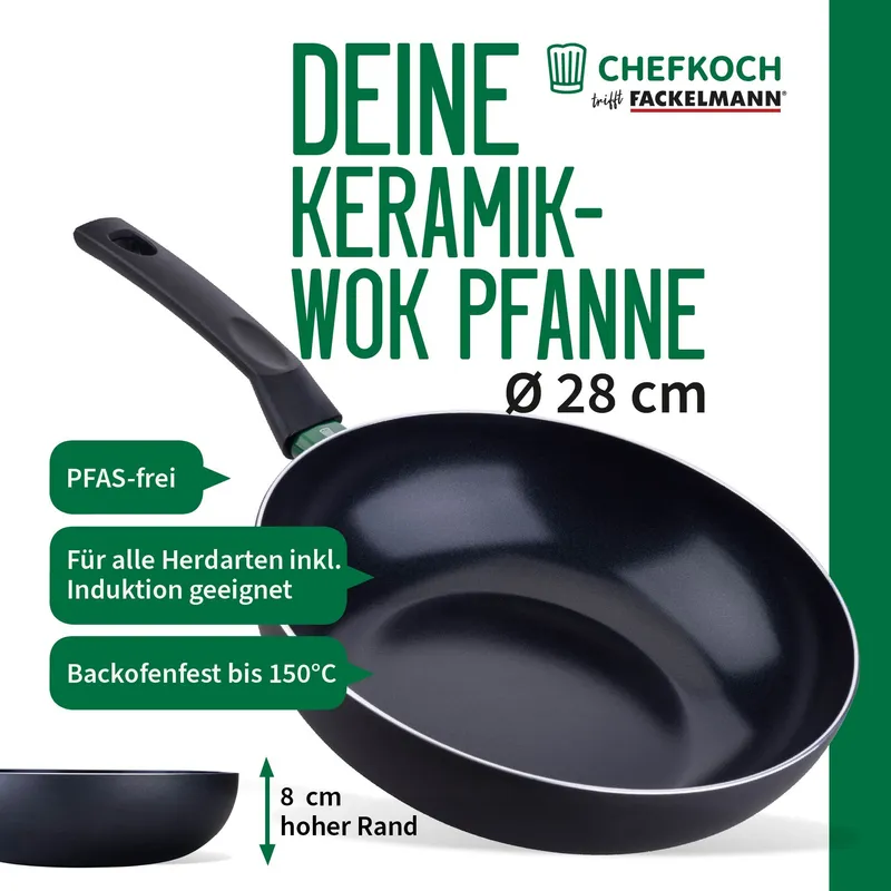 Chefkoch trifft Fackelmann Chefkoch trifft Fackelmann Wokpfanne Bielefeld, Keramik, antihaft, Ø28cm – Produktbild 3 von 3