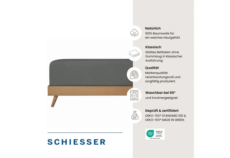 Schiesser Schiesser Bettlaken Smoothy aus glatter Baumwolle in klassischer, hotelinspirierter Optik, Renforcé, Gummizug: ohne, (1 Stück), Oeko-Tex® zertifiziert, Grau, – Produktbild 1 von 5