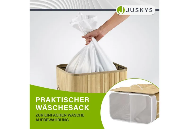 Juskys Wäschekorb Curly 100 L in Natur aus Bambus mit Deckel, 2 Fächern & Wäschesack, Wäschesammler für Familien, faltbar mit Tragegriffen, 52 x 32 x 63 cm, Beige, – Produktbild 4 von 5