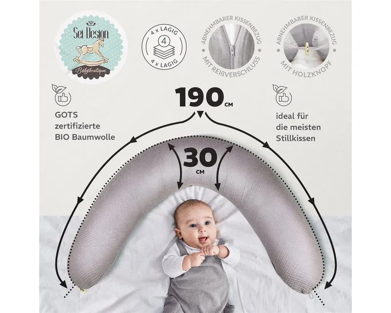 SEI Design Stillkissenbezüge Bezüg für Stillkissen Lagerungskissen Seitenschläferkissen 190x30 cm, Bio Baumwolle, Grau, – Produktbild 4 von 5