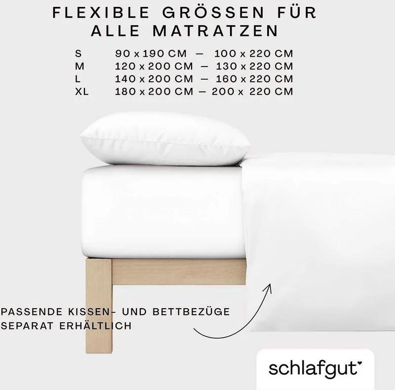 Schlafgut Schlafgut Spannbettlaken PREMIUM Mako-Zwirn-Jersey, 220 g/m², 95% Bio-Baumwolle, 5% Elasthan, Mako-Zwirn-Jersey, Gummizug: rundum, (1 Stück), Bettlaken bis 30 cm Höhe, PREMIUM-Qualität langlebig, perfekter Sitz, Weiß, – Produktbild 1 von 5