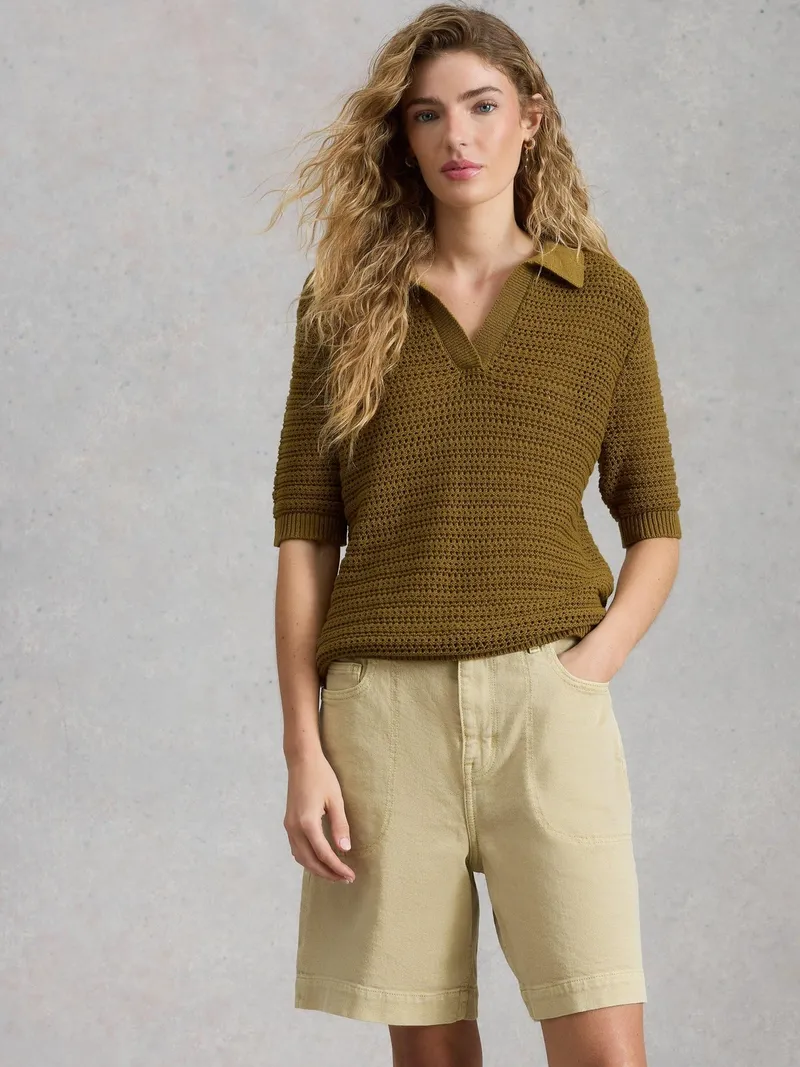 White Stuff Strickpolohemd Cooper - 34, Khakigrün, – Produktbild 3 von 4