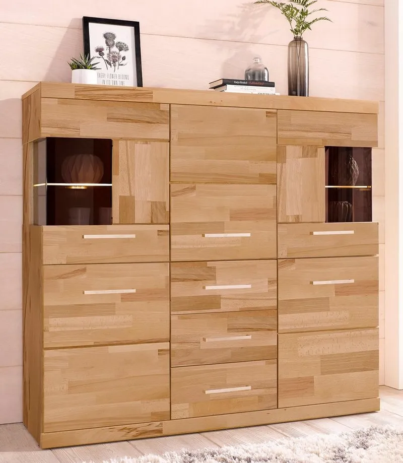 OTTO home Highboard Ribe,125cm breit,115cm hoch, Fronten Massivholz,5Türen,3 Schubladen, Holz massiv, Holzwerkstoff, Metall Griffe,10Fächer, Böden versetzbar, Braun, – Produktbild 2 von 8