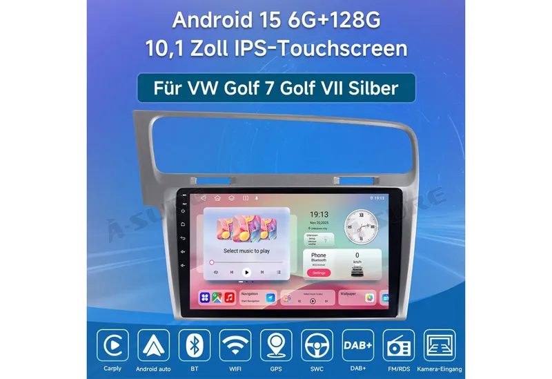 A-Sure 10.1" Android 15 Carplay Für VW Golf 7 VII MK7 2013-2017 Autoradio (Digitalradio (DAB), FM, AM), Grau, – Produktbild 1 von 5