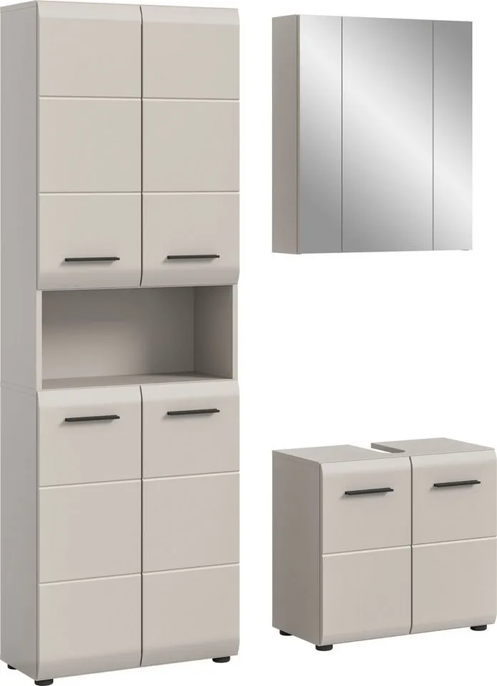 welltime Badmöbel-Set FLORENZ, 3-teilige Badkombination, hochwertige MDF-Front, (Set, 3-St., best. aus: 1 Hochschrank, 1Waschbeckenunterschrank, 1 Spiegelschrank), Bad-Kombination, Bad-Möbel, Badezimmer, Kombination, Kombi, Beige, – Produktbild 2 von 4