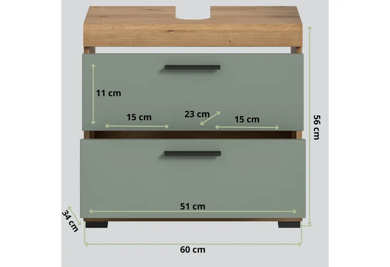 furnling Waschbeckenunterschrank Scott 2 Schubladen, Badmöbel, Badschrank, Badunterschrank, 60 cm breit, Grün, – Produktbild 3 von 5