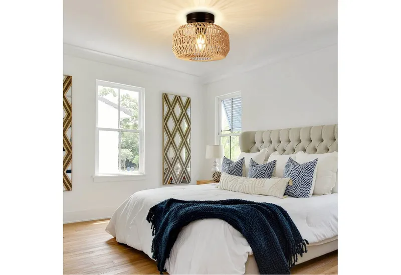LMaxhome LED Deckenleuchte Hängend Boho Rattan Deckenlampe Vintage Kronleuchter Lampenschirm Flur, E27 Glühbirne LED fest integriert Bambus Wohnzimmer Esszimmer Lampe – Produktbild 2 von 5