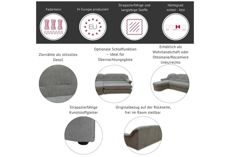 DOMO collection Ecksofa Bahia, zeitlos & elegant, Breite 256cm, bequeme Armlehnen, L-Form, Microfaser, Braun, – Produktbild 1 von 5
