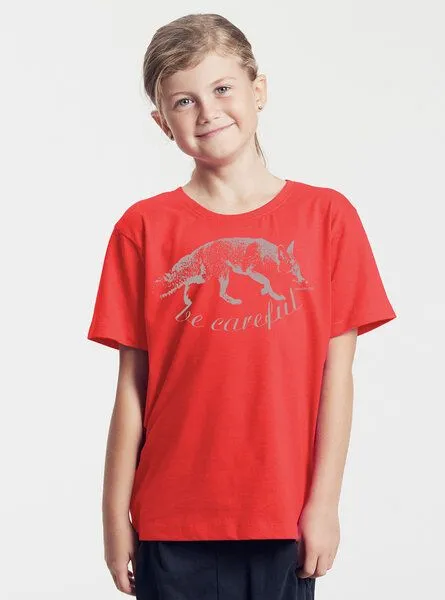 Peaces.bio - handbedruckte Biomode Peaces.bio - handbedruckte Biomode Bio-Kinder T-Shirt Be Careful, Rot, – Produktbild 2 von 3