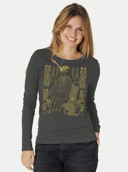 Peaces.bio - handbedruckte Biomode Peaces.bio - handbedruckte Biomode Langarmshirt Damen Sonnenscheibe Aton, Graphitgrau, – Produktbild 2 von 2