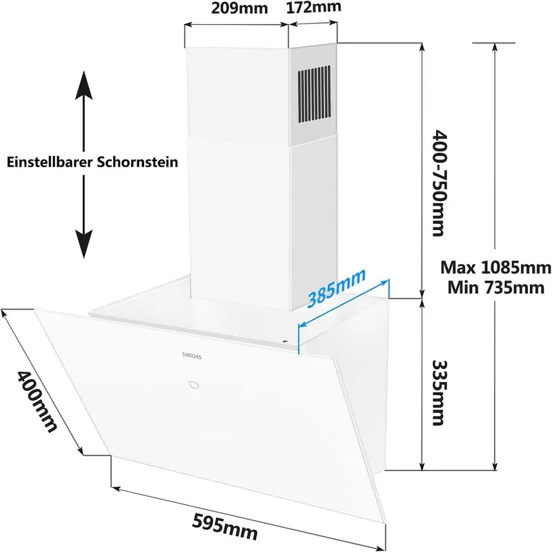 SNDOAS Wandhaube Dunstabzugshaube 60cm, kopffrei, mit 700 m³/h starker Saugleistung Touchscreen & LED, 3 Stufen, Abluft/Umluft, Energieklasse A++, Weiß, – Produktbild 1 von 5