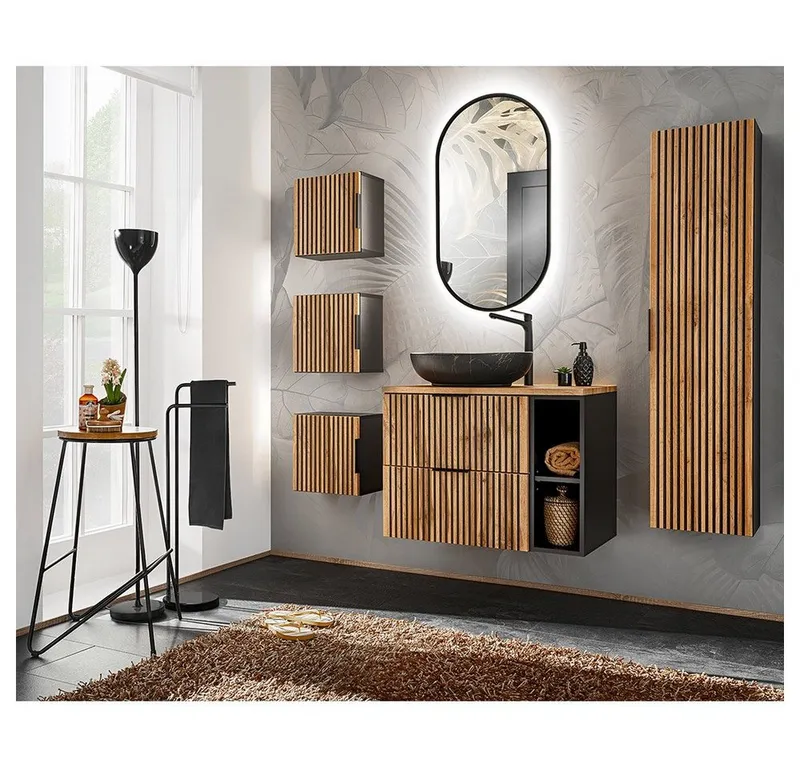 Lomadox Waschtisch XANTEN-56, anthrazit, Wotaneiche Nb., schwarze Rillen, Waschtischplatte, Braun|grau, – Produktbild 5 von 5