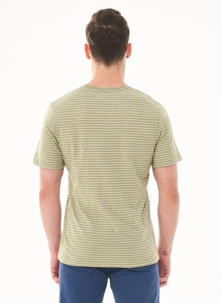 ORGANICATION ORGANICATION Gestreiftes T-Shirt aus Bio-Baumwolle und Leinen, Grün(olive), – Produktbild 4 von 4