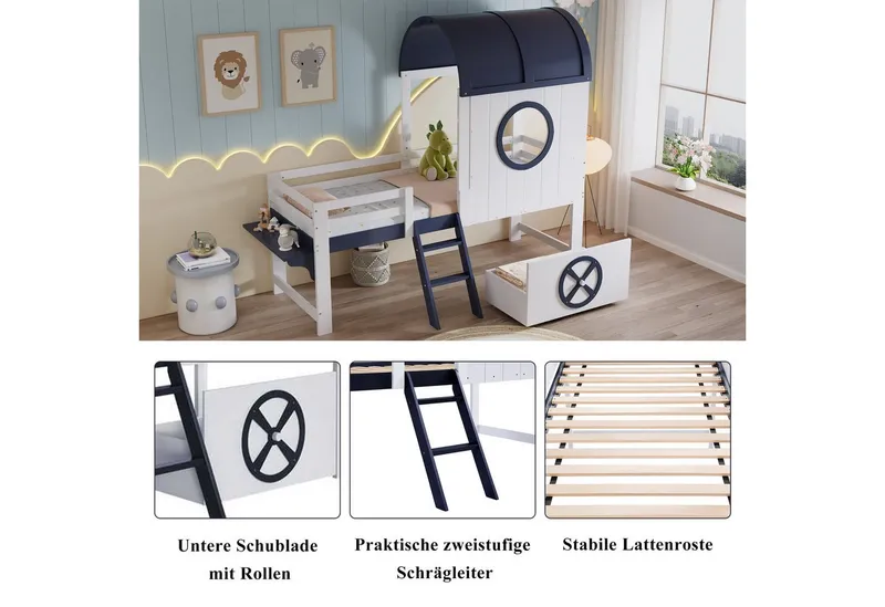 Merax Hochbett (Etagenbett Jugendbett Hausbett Einzelbett, 1-St., Kieferholz) Kinderbett 90x200cm mit Dach Fenster Schublade Schrägleiter Regal, Weiß, – Produktbild 4 von 5