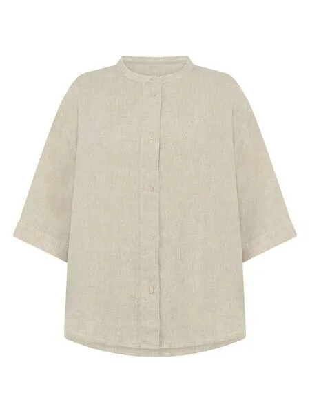 KnowledgeCotton Apparel KnowledgeCotton Apparel Lockere Hemdbluse mit 3/4 Arm und Stehkragen aus Bio-Leinen, Beige-yarndyed-light-feather-gray, – Produktbild 1 von 3