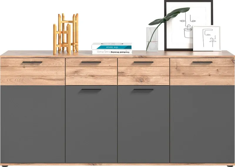 Home affaire Sideboard Riga, Breite 180cm, 4 Türen, 2 Schubkästen, 6 Einlegeböden, 10 Fächer, hochwertige Rillenfräsung, mit Softclose, Kommode, Anrichte, Schrank, Grau, – Produktbild 3 von 5