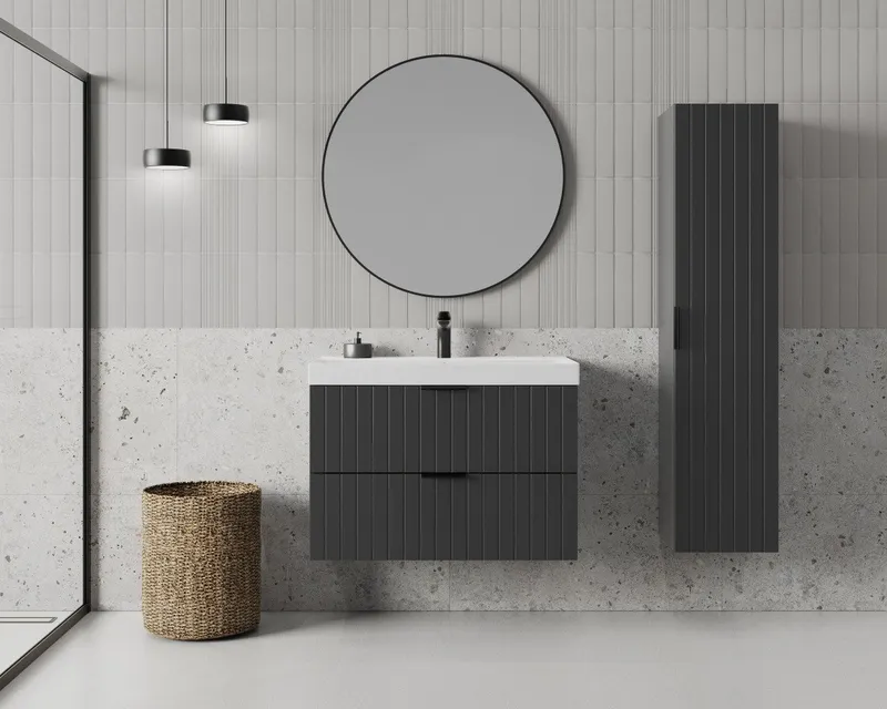 welltime Waschtisch HARMONY mit Waschbecken, Breite 60 oder 80cm, modernes Design, Schrank mit 2 Schubladen, Soft-Close-Function, Paneeloptik, Schwarz, – Produktbild 2 von 5