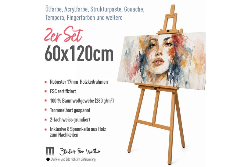 M MERCEO Leinwand Künstlerleinwand 60x120cm 2er Set - Weiße Leinwand zum Bemalen, 2er-Set Leinwand 60x120cm (zum Bemalen, Baumwolle, Weiß, – Produktbild 2 von 5