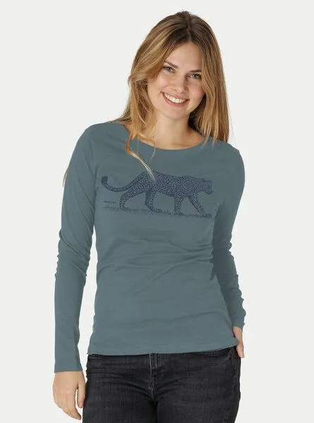 Peaces.bio - handbedruckte Biomode Peaces.bio - handbedruckte Biomode Bio-Damen-Langarmshirt Leopard, Blaugrün, – Produktbild 1 von 2