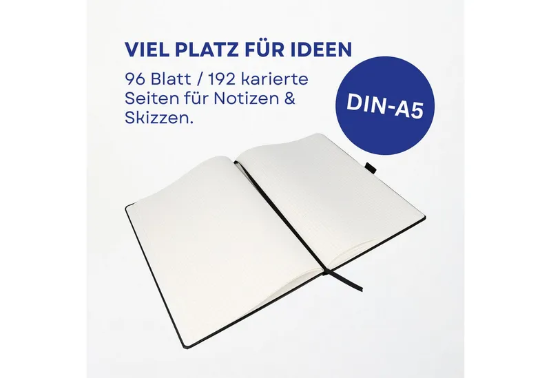 Westcott Westcott Notizbuch DIN A5 kariert (2er-Set) inkl. PRIMESOFT Kugelschreiber, 80 g/m² FSC, Innentasche, Lesezeichen, Gummizug, Stifthalter, Schwarz, – Produktbild 2 von 5