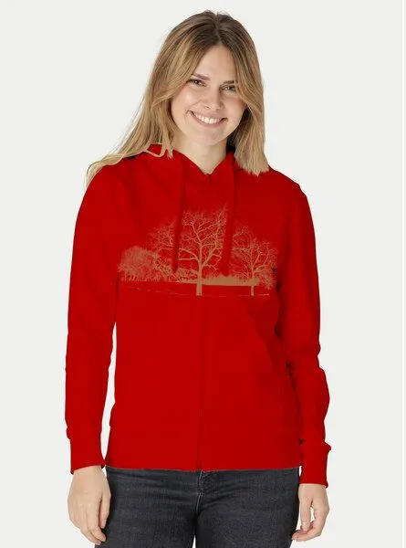 Peaces.bio - handbedruckte Biomode Peaces.bio - handbedruckte Biomode Zip-Hoodie Landscape Damen, Rot, – Produktbild 2 von 2