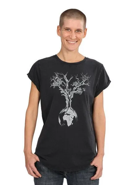 Life-Tree Life-Tree Organic Fairwear Shirt Women Washed Black Weltenbaum, Blau, – Produktbild 1 von 4