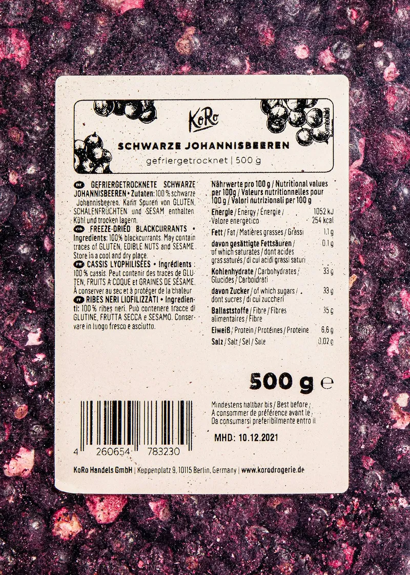 KoRo Gefriergetrocknete schwarze Johannisbeeren 500 g – Produktbild 1 von 5