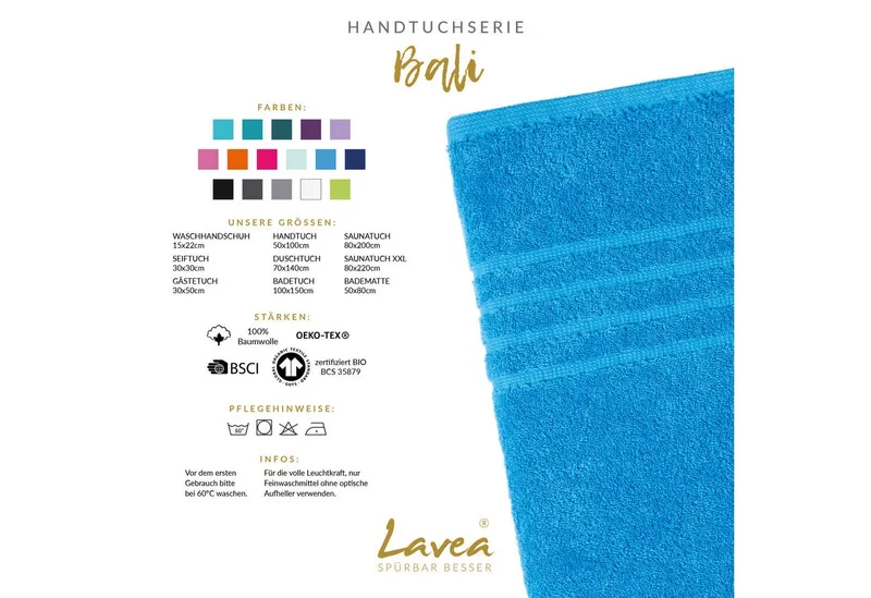 Lavea Waschhandschuh Bali Waschlappen 16x22 cm, Waschhandschuhe, kleine Handtücher, Weiches Bio-Baumwollfrottee (Set, 2-St), Gesichtshandtücher, GOTS-zertifiziert, extra saugstark mit 500g/m², Blau, – Produktbild 2 von 4