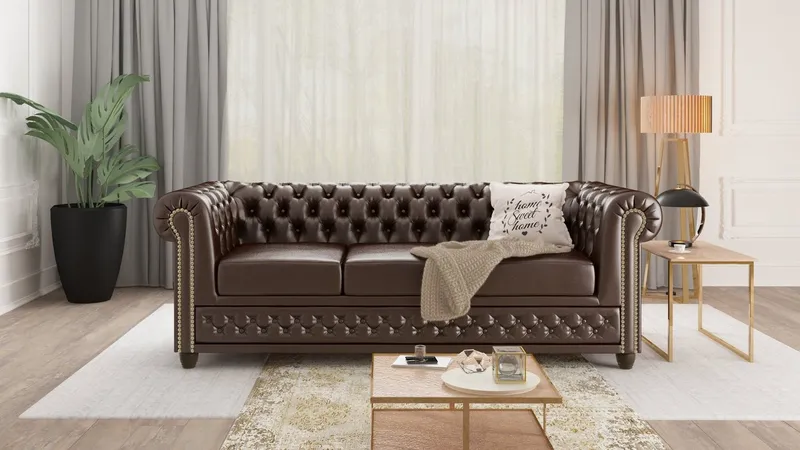 S-Style Möbel Polstergarnitur Chesterfield Jeff 3+2+1 aus veganem Leder mit Holzfüßen, (1x 3-Sitzer-Sofa, 1x 2-Sitzer-Sofa, 1x Sessel), mit Wellenfederung, Braun, – Produktbild 4 von 4
